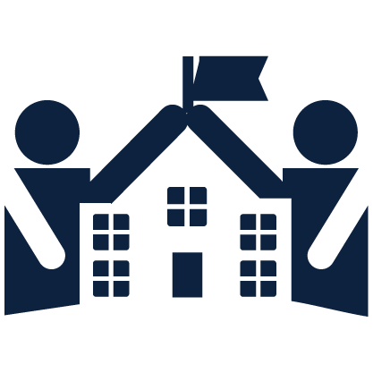 Icon of building with partners on each side